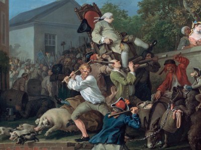 The Humours of an Election, 4: Chairing the Member (detail; 1754–55), William Hogarth.