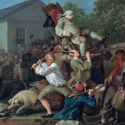 The Humours of an Election, 4: Chairing the Member (detail; 1754–55), William Hogarth.
