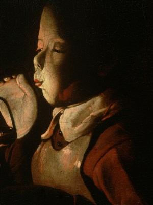 Boy Blowing on Firebrand (detail; c. 1660), Georges de la Tour.