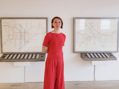 Bertille Bak below in front of her works at the Mario Merz Prize finalist group exhibition
