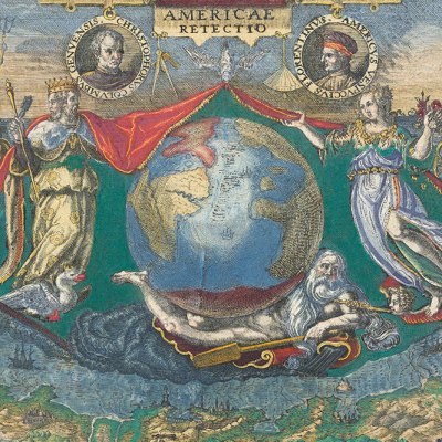 Epigram of a globe showing the Americas, with vignettes of Christopher Columbus and Amerigo Vespucci, from America, vol. IV.