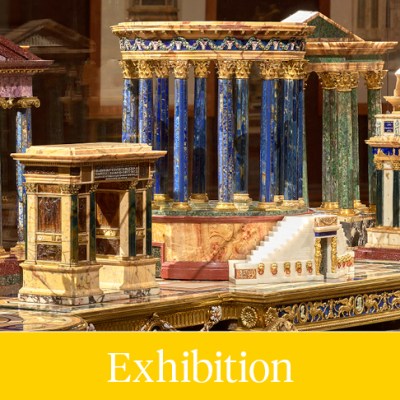 Deser for Jacques-Laure Le Tonnelier, Bailli de Breteuil (detail; c. 1778), Luigi Valadier, installation view, Frick Collection, New York, 2018. Patrimonio Nacional, Palacio Real, Madrid and Museo Arqueológico Nacional, Madrid. Photo: Michael Bodycomb
