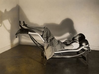 Charlotte Perriand on the ‘chaise longue basculante, B306’ designed by Perriand, Pierre Jeanneret and Le Corbusier in c. 1928.