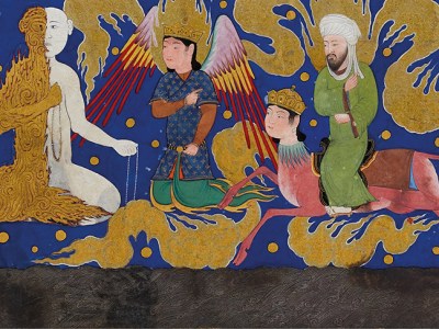 ‘The Prophet Muhammad encounters the angel of half-fire and half-snow’, miniature from a copy of al-Sarai’s Nahj al-Faradis (c. 1465), Herat.