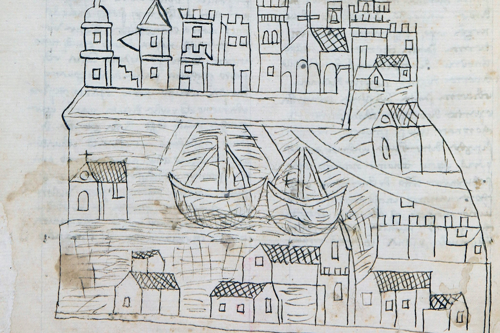 Manuscript page with a drawing of Venice (detail; 1346–50), Fra Niccolò da Poggibonsi.
