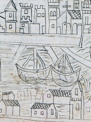 Manuscript page with a drawing of Venice (detail; 1346–50), Fra Niccolò da Poggibonsi.