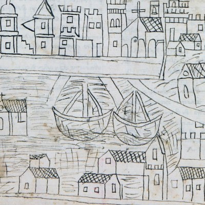 Manuscript page with a drawing of Venice (detail; 1346–50), Fra Niccolò da Poggibonsi.