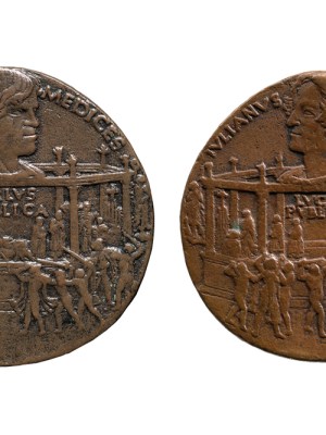 The Pazzi Conspiracy (Lorenzo de’ Medici) (1478), Bertoldo di Giovanni (obverse on left from Museo Nazionale del Bargello, Glorence; reverse on right, promised gift to the Frick Collection, New York)