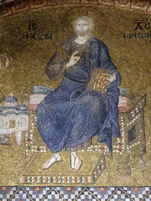 Mosaic of the Enthroned Christ and the Donor, Theodore Metochites above the entrance to the naos of the Kariye (Chora) Museum, Istanbul.