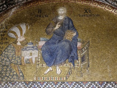 Mosaic of the Enthroned Christ and the Donor, Theodore Metochites above the entrance to the naos of the Kariye (Chora) Museum, Istanbul.