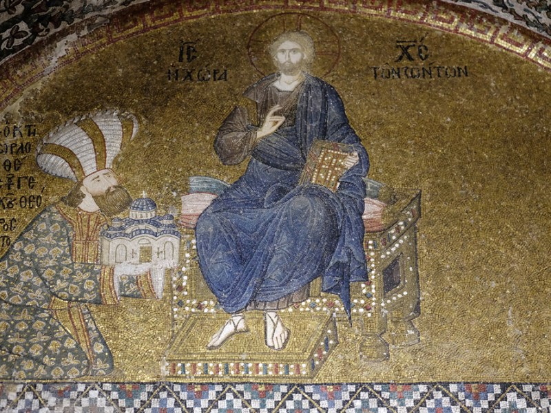 Mosaic of the Enthroned Christ and the Donor, Theodore Metochites above the entrance to the naos of the Kariye (Chora) Museum, Istanbul.