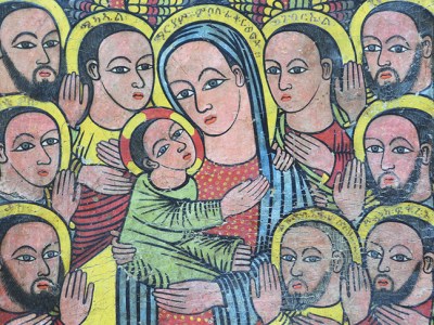 The Virgin and Child surrounded by the apostles and two angels (mid 15th century), Master of the Amber-Spotted Tunic, Ethiopia. Private collection