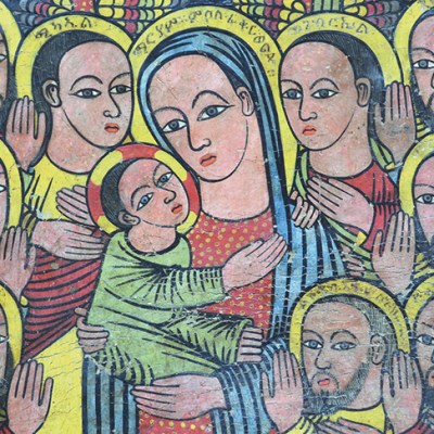 The Virgin and Child surrounded by the apostles and two angels (mid 15th century), Master of the Amber-Spotted Tunic, Ethiopia. Private collection