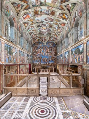 The Raphael tapestries hanging in the Sistine Chapel, Rome.