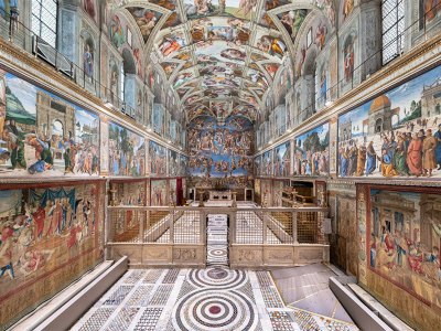 The Raphael tapestries hanging in the Sistine Chapel, Rome.