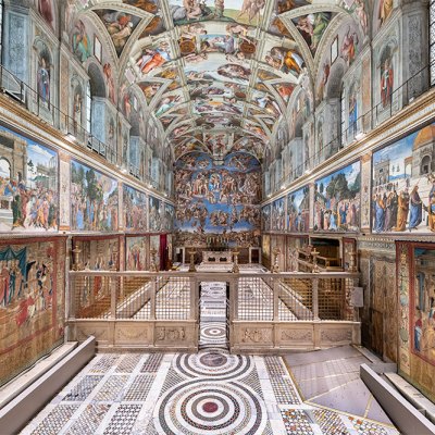 The Raphael tapestries hanging in the Sistine Chapel, Rome.