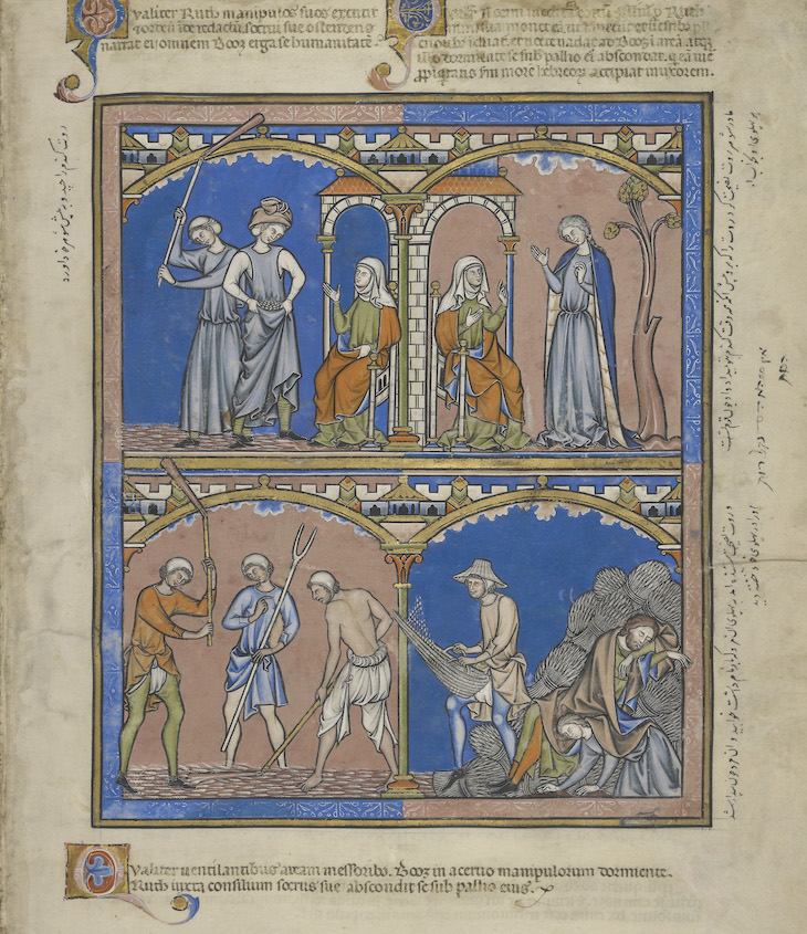 Ruth Threshing and Bringing Grain to Naomi; Naomi Counseling Ruth; Workers Threshing Grain; Ruth Lays at the Feet of Boaz in "Crusader Bible" (c. 1250).
