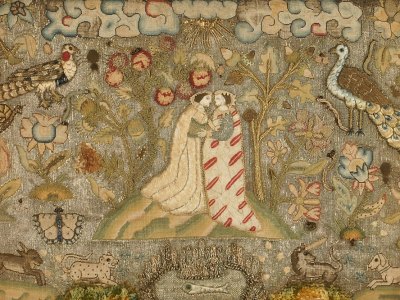 Textile panel depicting the Visitation (early 17th century), unknown English maker. © Ashmolean Museum, Oxford