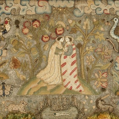 Textile panel depicting the Visitation (early 17th century), unknown English maker. © Ashmolean Museum, Oxford