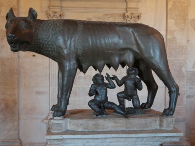 Sculpture of Romulus and Remus suckling at a she-wolf in the Musei Capitolini. Photo by Sean Gallup/Getty Images