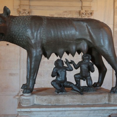 Sculpture of Romulus and Remus suckling at a she-wolf in the Musei Capitolini. Photo by Sean Gallup/Getty Images