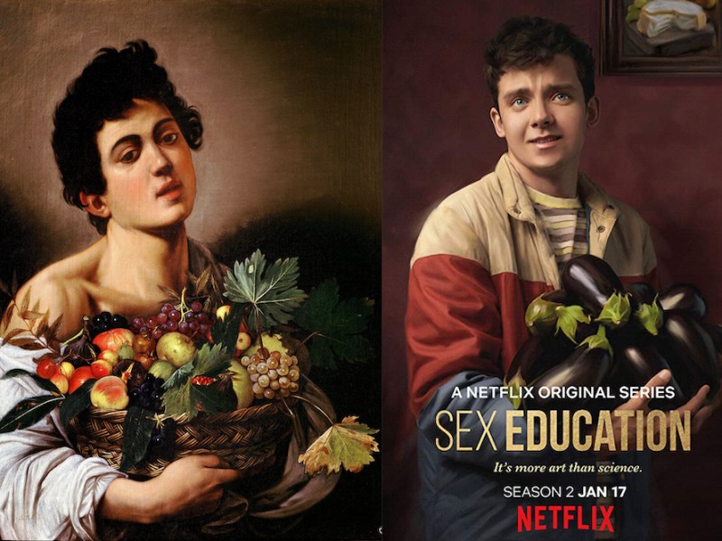 On the left is Caravaggio’s Boy with a Basket of Fruit. On the right is Sex Education’s Otis Milburn (Asa Butterfield)