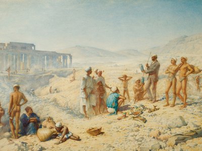 Flinders Petrie Admiring a Find, the Ramesseum, Western Thebes (1895), Henry Wallis. Courtesy University College London Art Museum