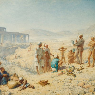Flinders Petrie Admiring a Find, the Ramesseum, Western Thebes (1895), Henry Wallis. Courtesy University College London Art Museum