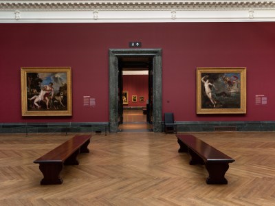 Installation view of ‘Titian: Love Desire Death’ at the National Gallery, London.