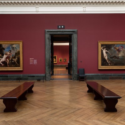 Installation view of ‘Titian: Love Desire Death’ at the National Gallery, London.