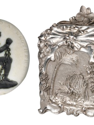 (Left) Anti-slavery medalliion (c. 1787), modelled by William Hackford and manufactured by Josiah Wedgwood. Metropolitan Museum of Art; (right) Sugar box (1744/45), Paul de Lamerie. Metropolitan Museum of Art