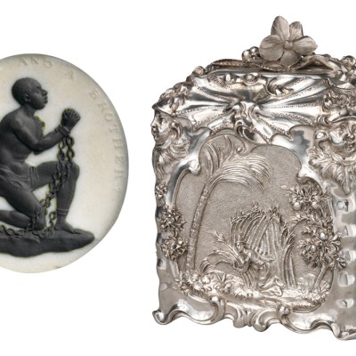 (Left) Anti-slavery medalliion (c. 1787), modelled by William Hackford and manufactured by Josiah Wedgwood. Metropolitan Museum of Art; (right) Sugar box (1744/45), Paul de Lamerie. Metropolitan Museum of Art