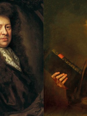 Right: portrait of Samuel Pepys (detail) (1689), Godfrey Kneller, National Maritime Museum, London. Wikimedia Commons (public domain); right: portrait of John Evelyn (detail) (n.d.), studio of Godfrey Kneller. Private collection. Wikimedia Commons (public domain)