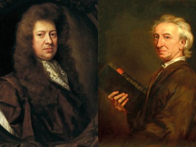 Right: portrait of Samuel Pepys (detail) (1689), Godfrey Kneller, National Maritime Museum, London. Wikimedia Commons (public domain); right: portrait of John Evelyn (detail) (n.d.), studio of Godfrey Kneller. Private collection. Wikimedia Commons (public domain)