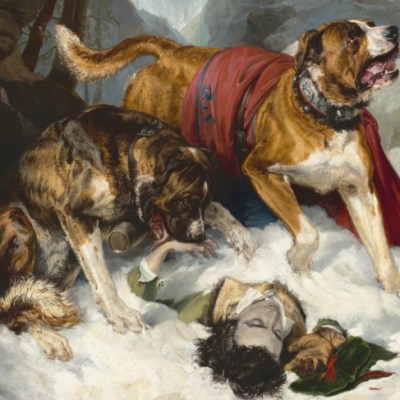 Alpine Mastiffs Reanimating a Distressed Traveler (detail; 1820), Edwin Landseer.
