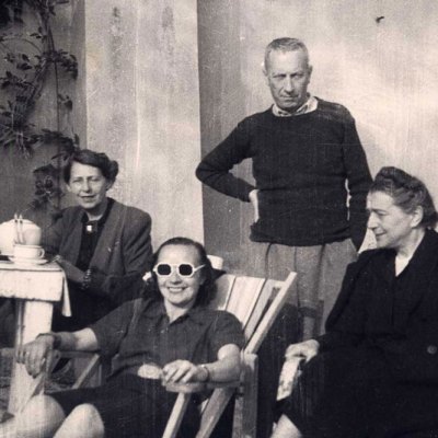 Detail of photograph of (left to right) Sophie Taeuber-Arp, Sonia Delaunay, and Jean (Hans) Arp in Grasse in 1942.
