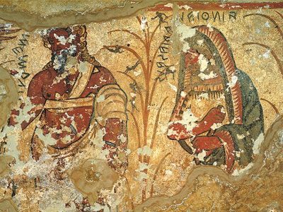 Nekyia scene (detail of the ghosts of Agamemnon and Tiresias), 325–300 BC, Tomb of Orcus II, Tarquinia.