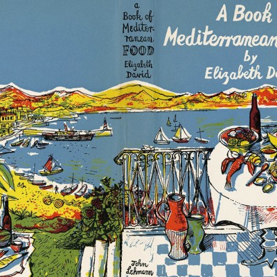 Wrap-around dust jacket designed by John Minton for Elizabeth David’s A Book of Mediterranean Food (1950)