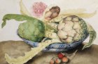 Chinese dish with artichokes, rose and strawberries (c. 1655–62), Giovanna Garzoni. Galleria Palatina, Gallerie degli Uffizi, Florence