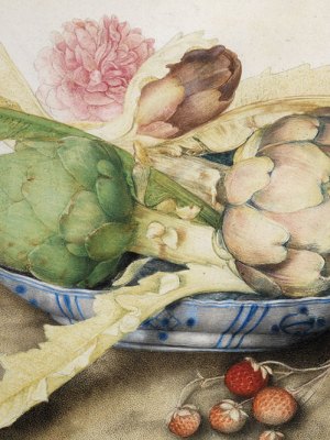 Chinese dish with artichokes, rose and strawberries (c. 1655–62), Giovanna Garzoni. Galleria Palatina, Gallerie degli Uffizi, Florence