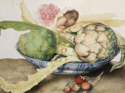 Chinese dish with artichokes, rose and strawberries (c. 1655–62), Giovanna Garzoni. Galleria Palatina, Gallerie degli Uffizi, Florence