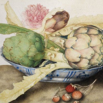 Chinese dish with artichokes, rose and strawberries (c. 1655–62), Giovanna Garzoni. Galleria Palatina, Gallerie degli Uffizi, Florence