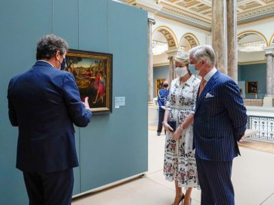 Queen Mathilde of Belgium and King Philippe of Belgium visi the permanent collection of the Old Masters Museum, part of the Royal Museums of Fine Arts of Belgium, on May 19, 2020 in Brussels, as the country eases lockdown measures taken to curb the spread of the Covid-19 pandemic. Photo: Daina Le Lardic/Belga/AFP via Getty Images