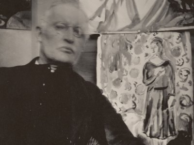 Self-Portrait in the Front of Two Watercolours at Ekely, II