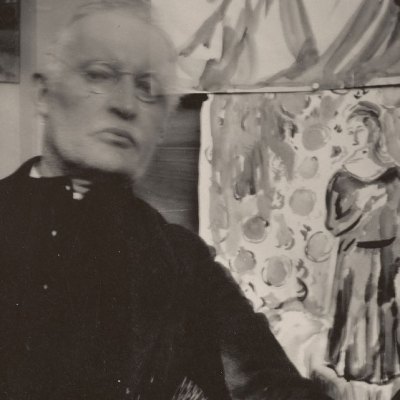 Self-Portrait in the Front of Two Watercolours at Ekely, II