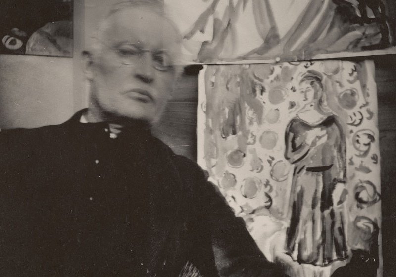 Self-Portrait in the Front of Two Watercolours at Ekely, II