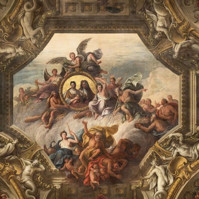 Detail of the ceiling of the Upper Hall, featuring portraits of Queen Anne and Prince George of Denmark