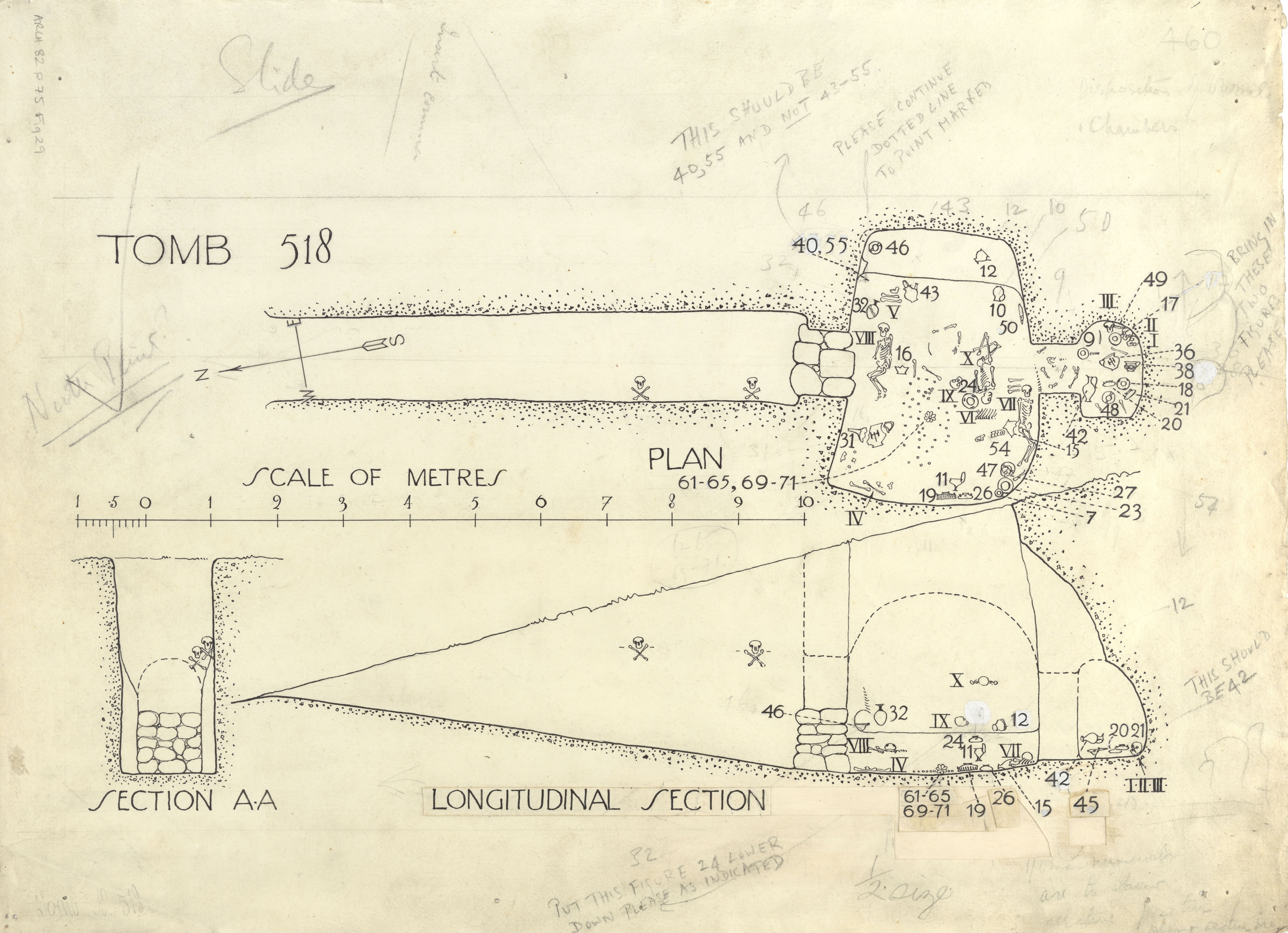 Plan and section drawing of Chamber Tomb 518, Mycenae (1922–23), unsigned. 