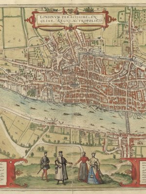 The earliest printed map of London, from Braun and Hogenbergh’s Civitates Orbis Terrarum, drawn in c. 1560 (printed in 1572).