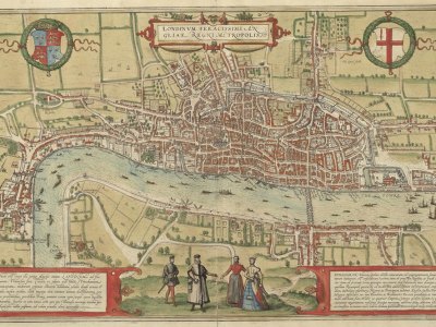 The earliest printed map of London, from Braun and Hogenbergh’s Civitates Orbis Terrarum, drawn in c. 1560 (printed in 1572).